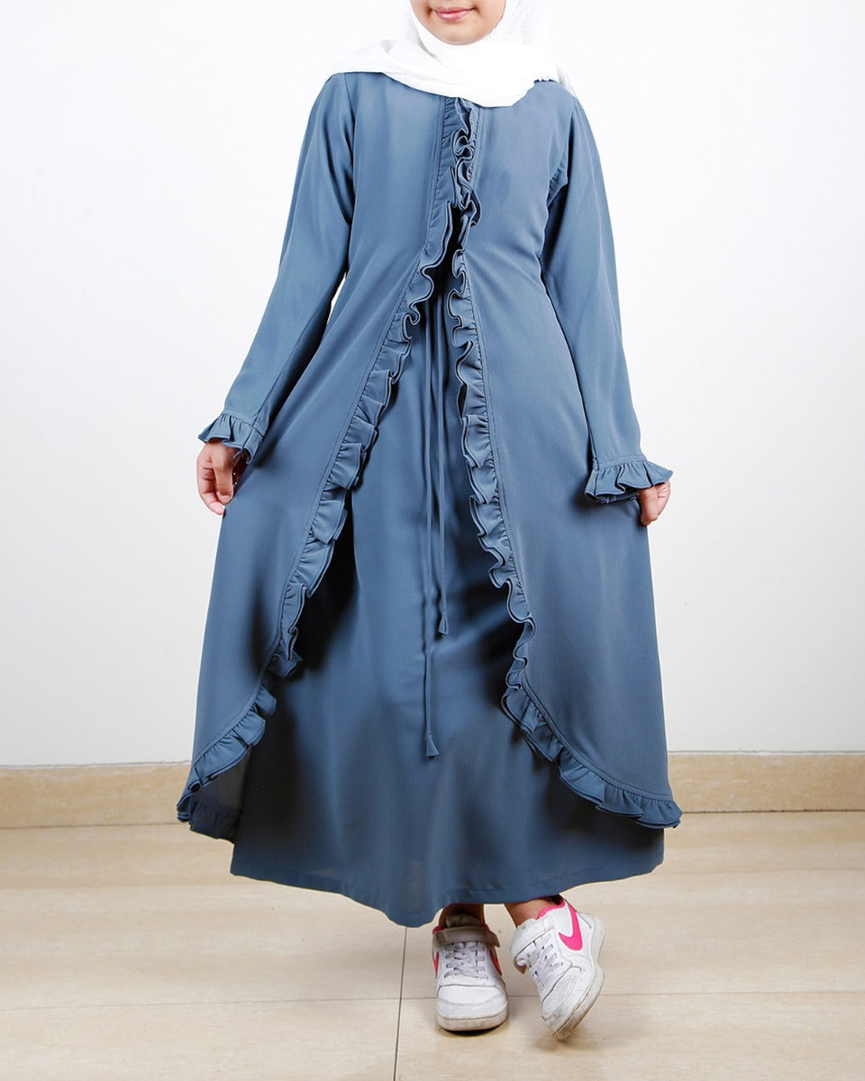 Dapper Grey Jacket Syle Frill Kids Abaya Grey