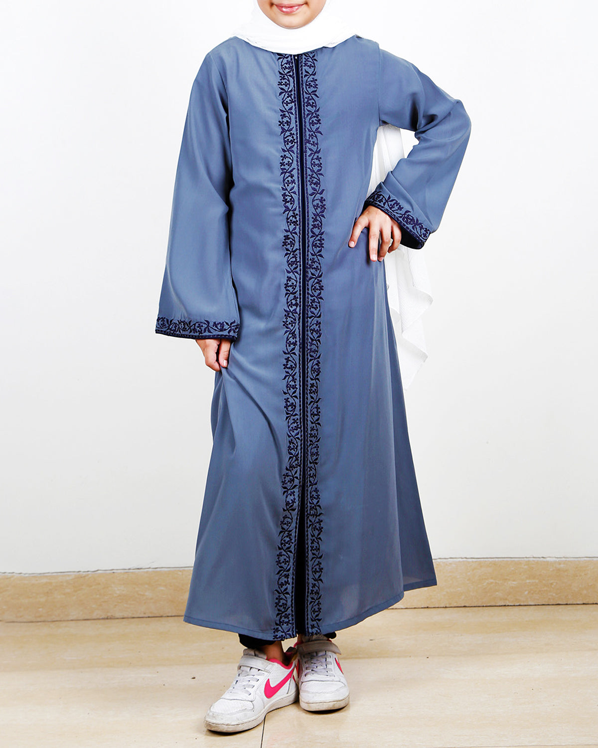 Grey Kids Abaya With Embroidery Grey