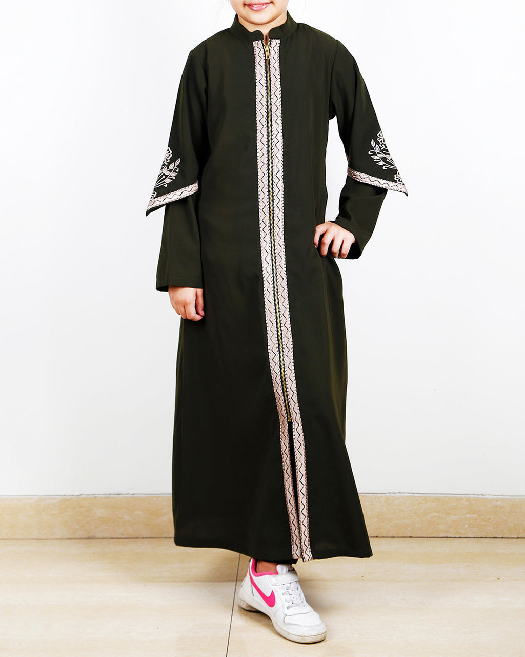 Bygone Front Zipper Kids Abaya Bottel Green