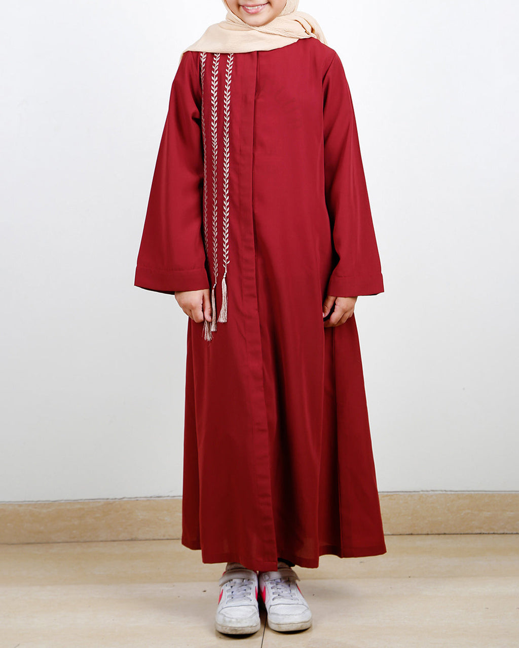 Elegant Brick Red Embroidered Kids Abaya Brick Red