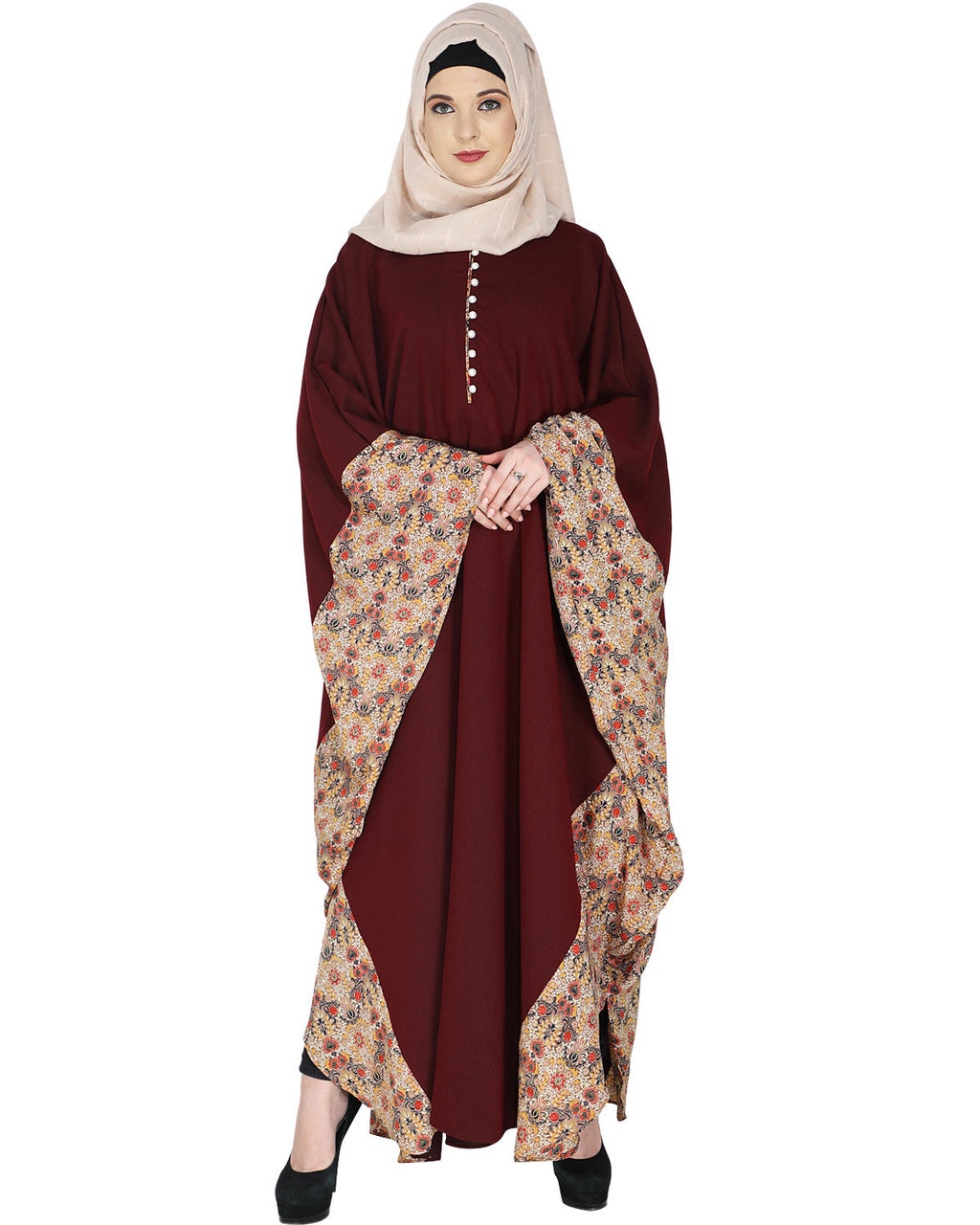 Floret Printed Dark Brown Kaftan Wine