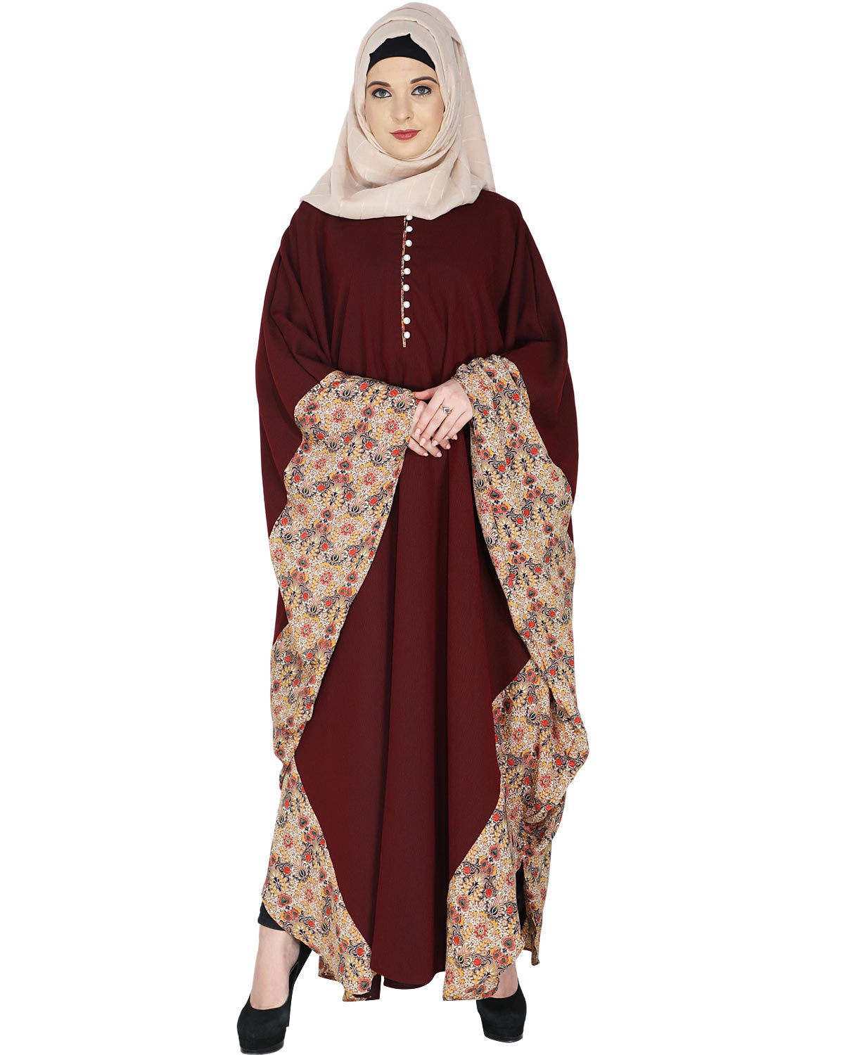 Floret Printed Dark Brown Kaftan Wine