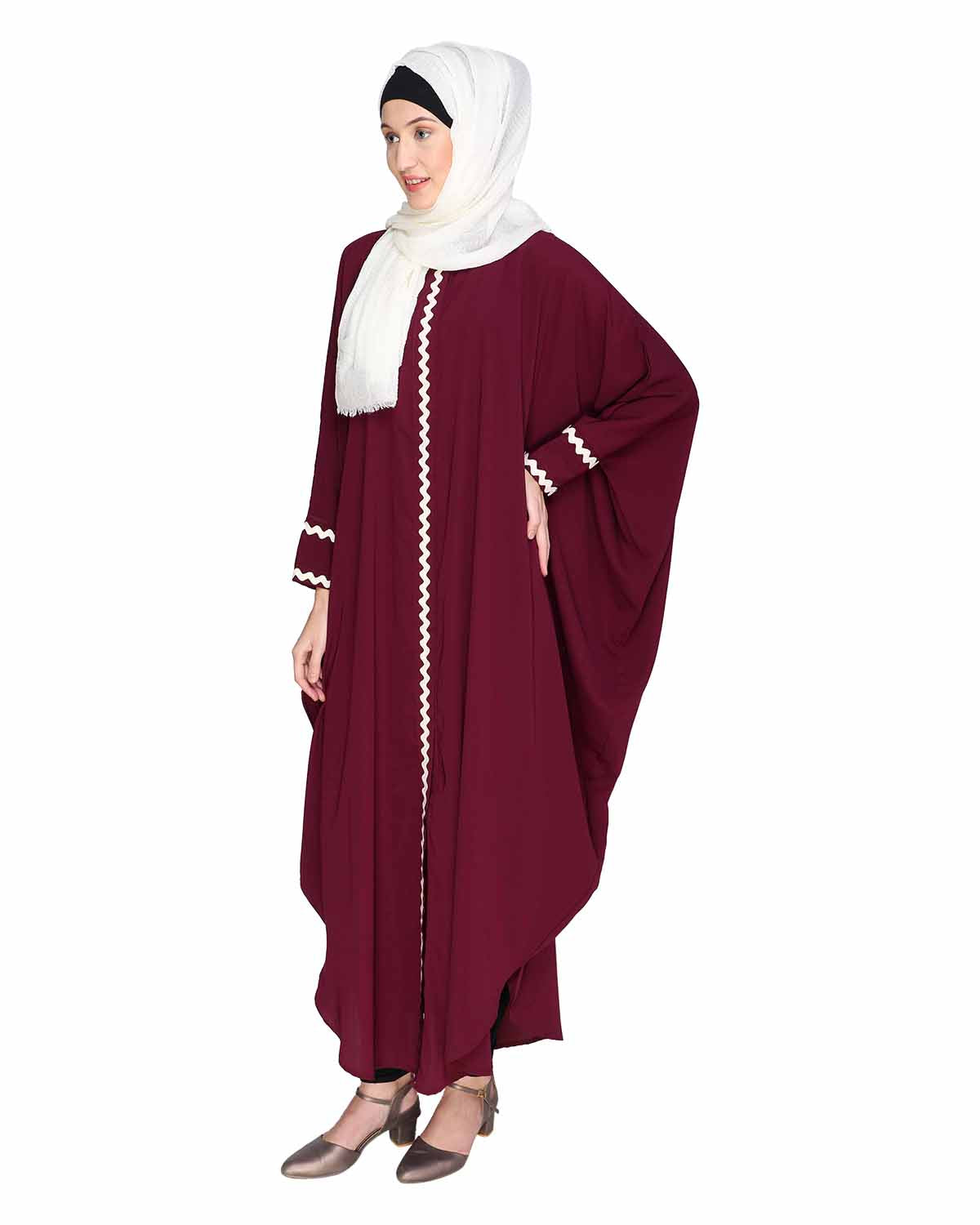 Lace Trim Black Kaftan Maroon