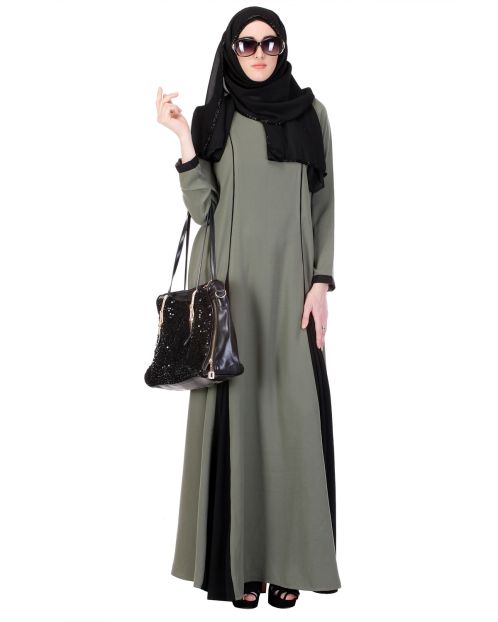 Inverted Pleat Green & Black Frock Abaya