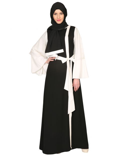 Double Layered Pearl Embellished Sleeves Abaya