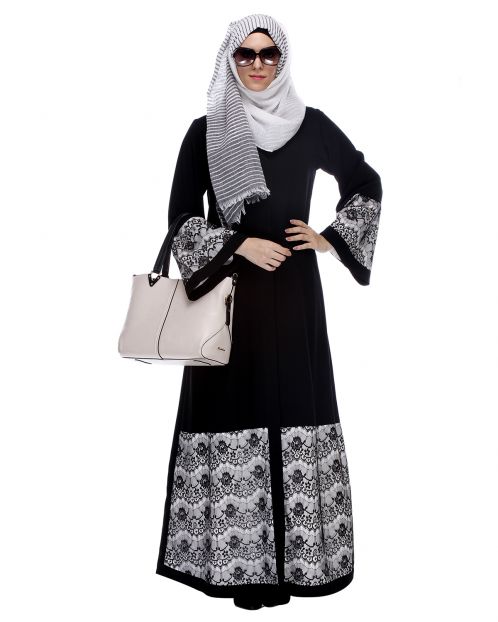 Black Abaya With Double Layer Laced Detailing