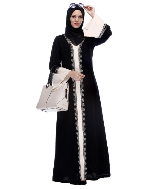 Black And Cream Abaya With Thread Embroidery
