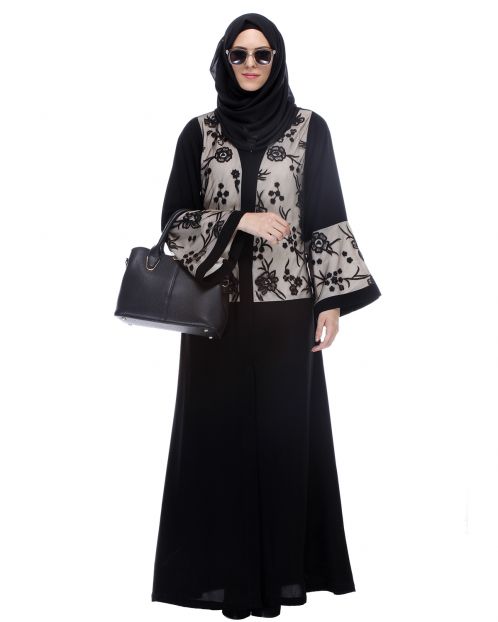 Black Abaya With Net Embroidered Sleeves