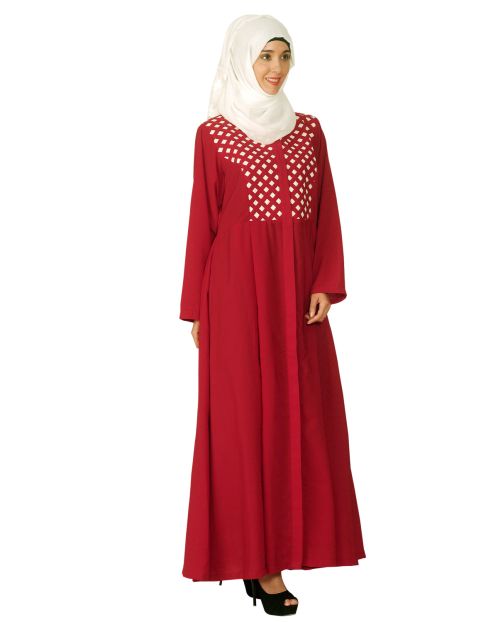 Red Hand Crafted Checkered Yoke Abaya