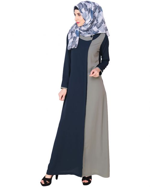 Blue Abaya With Grey Panel