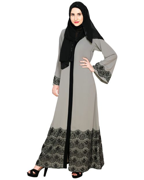 Grey And Black Laced Abaya 