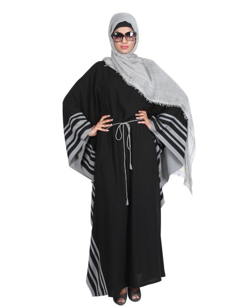 Black Kaftan with Striped Grey Border