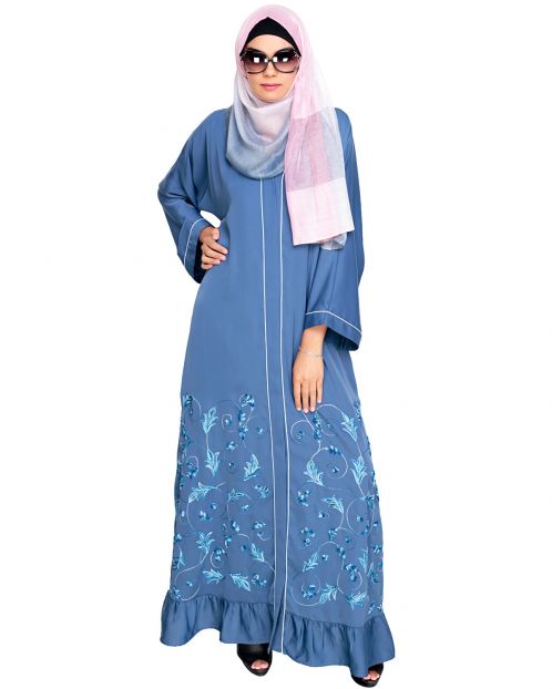 Magnificent Blue Gathers Embroidered  Dubai Style Abaya