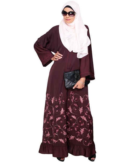 Magnificent Deep Wine Gathers Embroidered Dubai Style Abaya