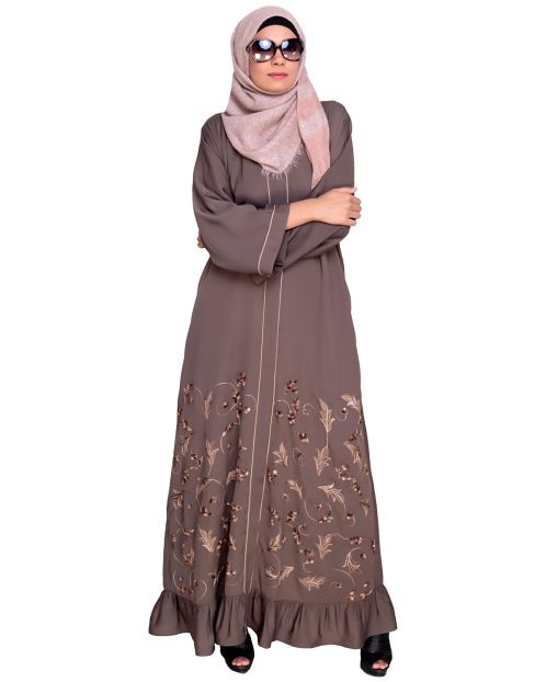 Magnificent Grey Gathers Embroidered  Dubai Style Abaya