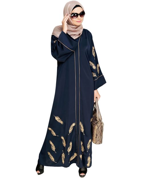 Feather Embroidered Dubai Style Blue Abaya