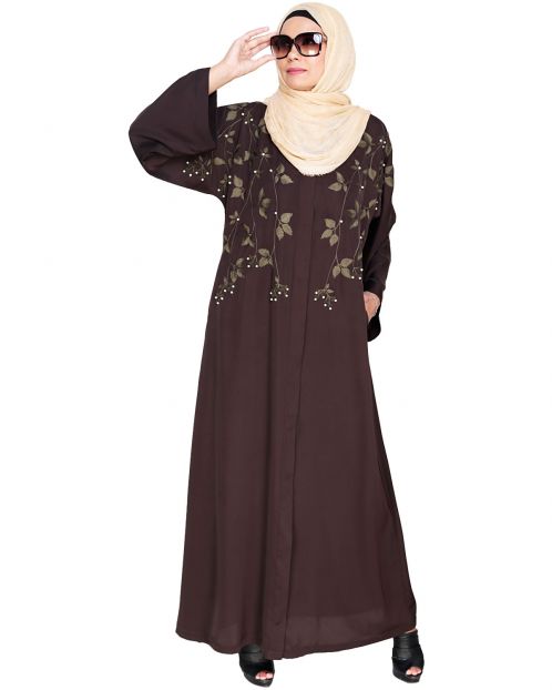 Pearl and Flora Embroidered Dubai Style Dark Brown Abaya