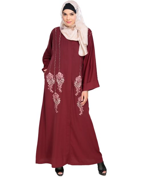 Floral Pendant Dubai Style Wine Abaya