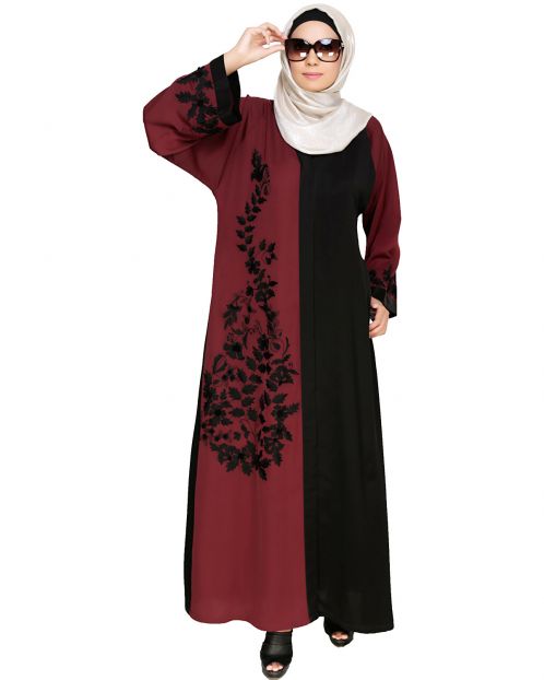 Wanderlust Wine & Black Embroidery Dubai Style Abaya