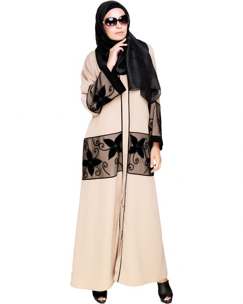 Beige Floral Lace Embroidered Dubai Style Abaya