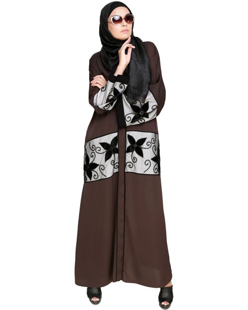Dark Brown Floral Lace Embroidered Dubai Style Abaya
