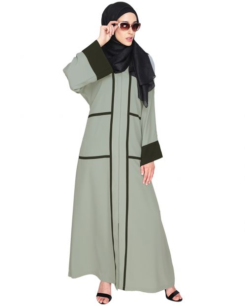Elegant Sage Green Dubai Style Abaya with Black Detailing