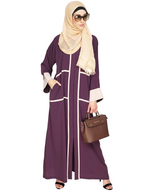 Elegant Purple Dubai Style Abaya with Beige Detailing