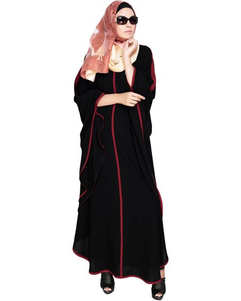 Modish Black Kaftan with Wine Detailing