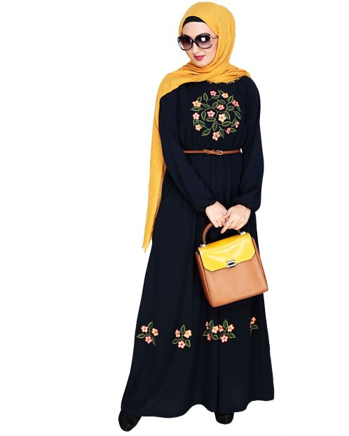 Plush Embroidered Dark Blue Maxi Dress Abaya