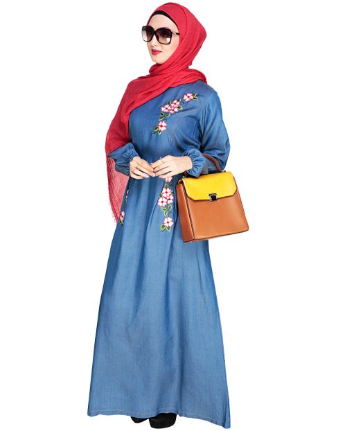 Box Pleated Blue Abaya