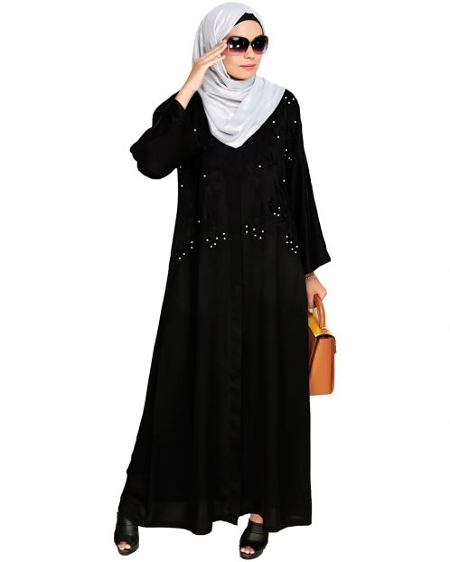 Pearl and Flora Embroidered Dubai Style Black Abaya