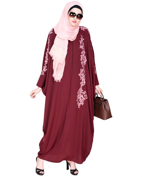 Dual Shade Floral Embroidered Wine Kaftan