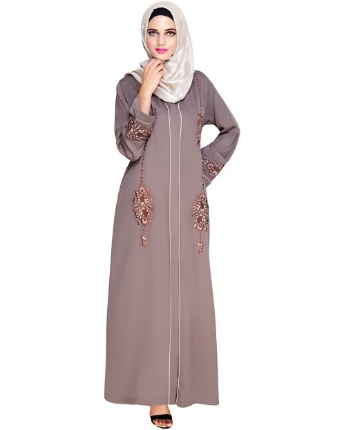 Appealing Brown Floral Embroidery Dubai Style Abaya