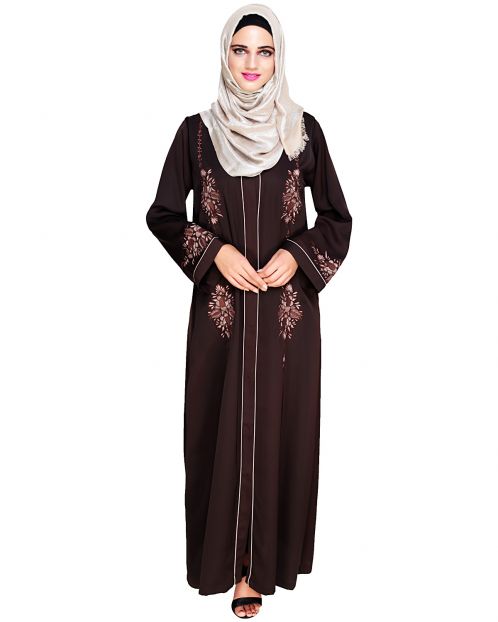 Appealing Dark Brown Floral Embroidery Dubai Style Abaya