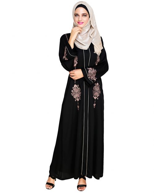 Appealing Black Floral Embroidery Dubai Style Abaya