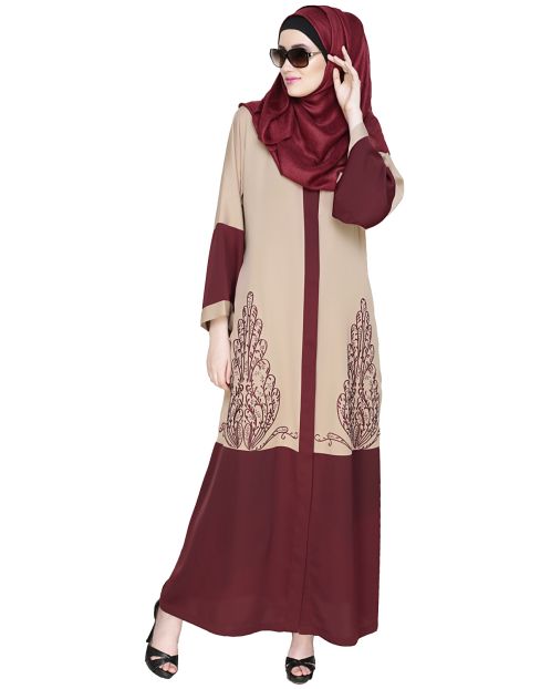 Eden  Dubai Style Beige and Wine Embroidered Abaya