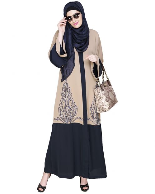 Eden Dubai Style Beige and Blue Embroidered Abaya