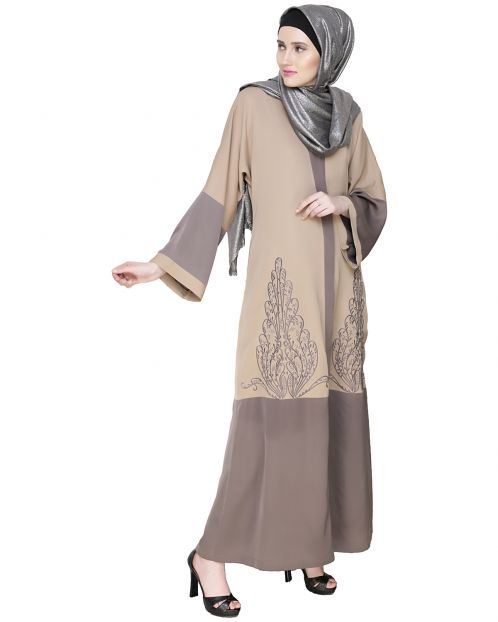 Eden  Dubai Style Beige and Grey Embroidered Abaya