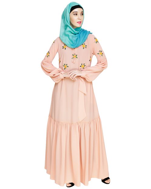 Dreamy Floral Embroiderd Peach Abaya