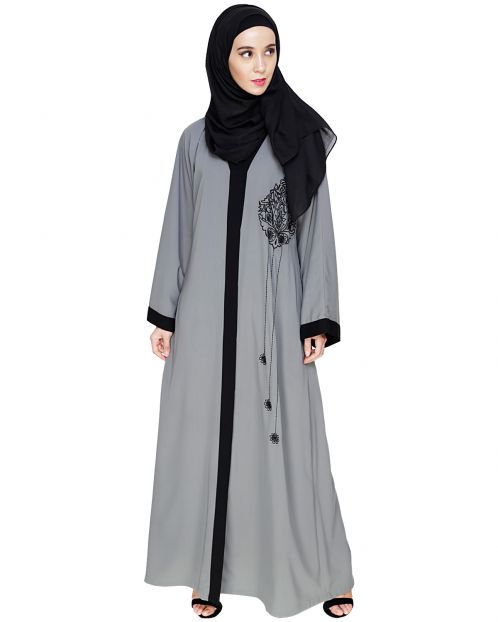 Contrast Embroidered Grey Dubai Style Abaya