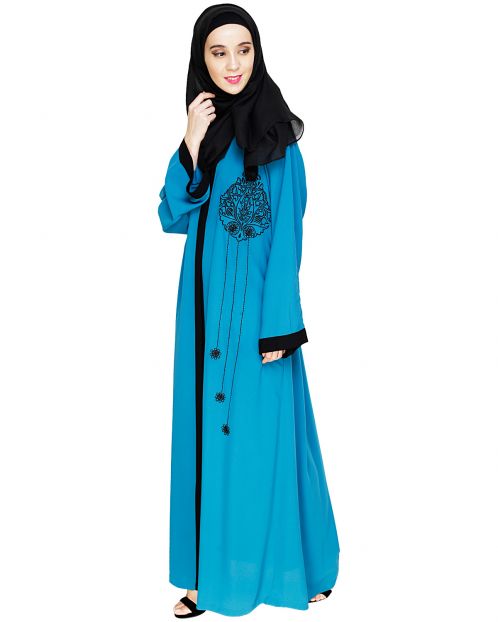 Contrast Embroidered  Teal Blue Dubai Style Abaya