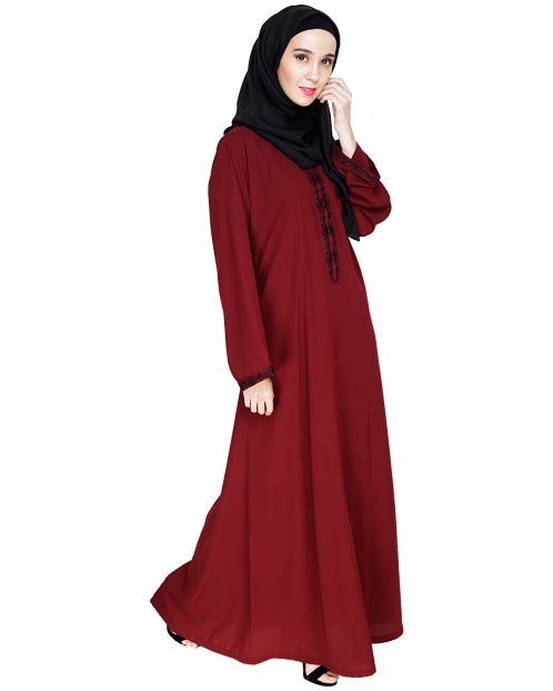 Lotus Embroidered Wine Dubai Style Abaya