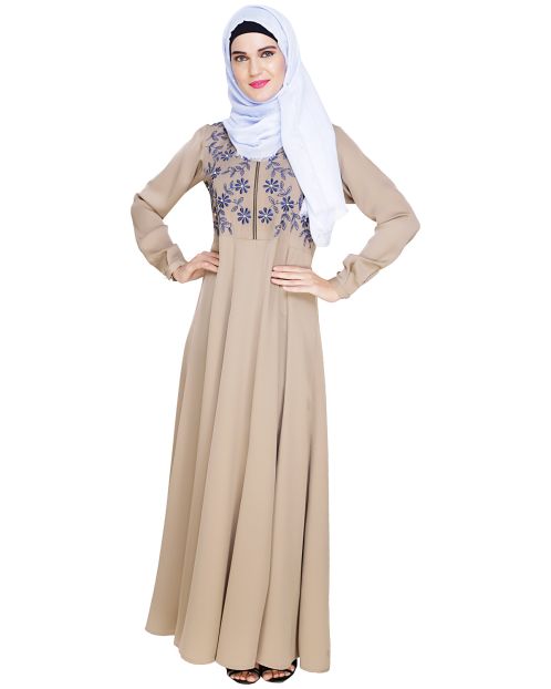 Beautiful Embroidered Yoke Beige Abaya