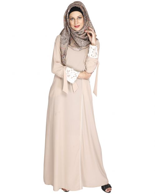 Light Beige Lace & Bow Detailed Abaya