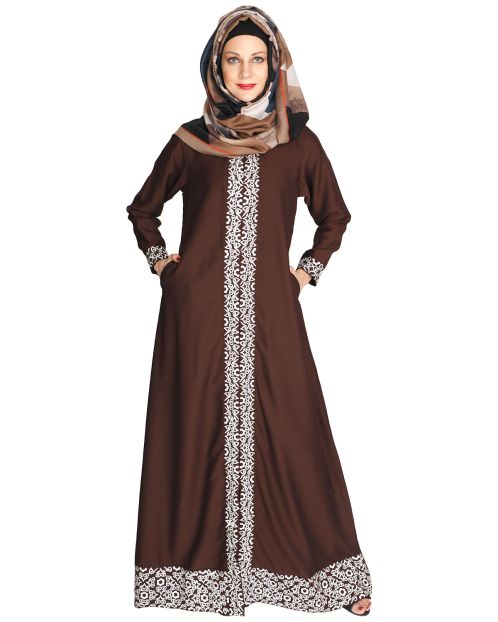 Mushroom embroidered brown Abaya