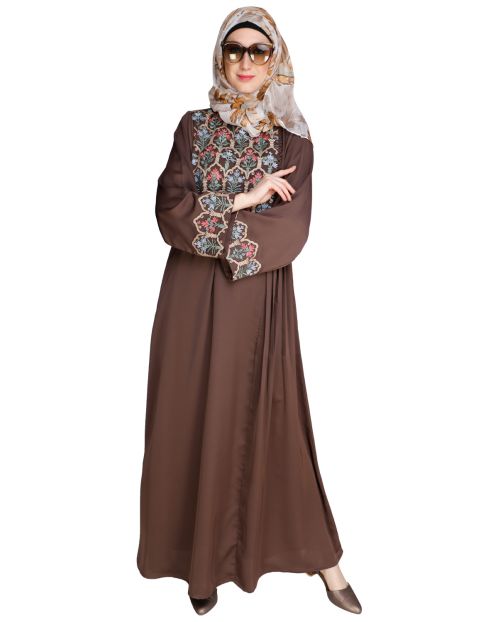 Majorelle Floral Oak Brown Pleated Abaya