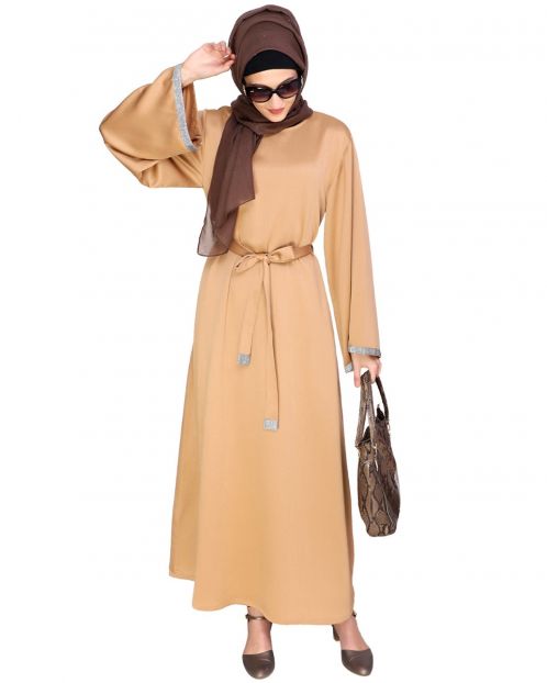 Shimmer Trimmed Beige Dubai Style Abaya