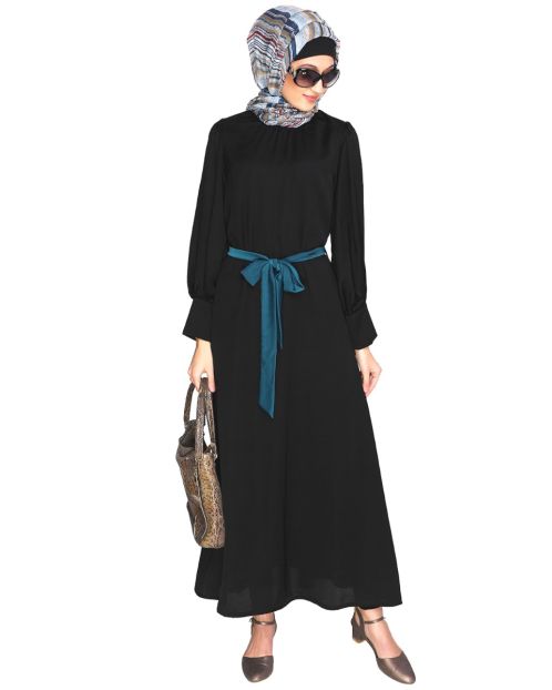 Gathered Neck Black Maxi Dress