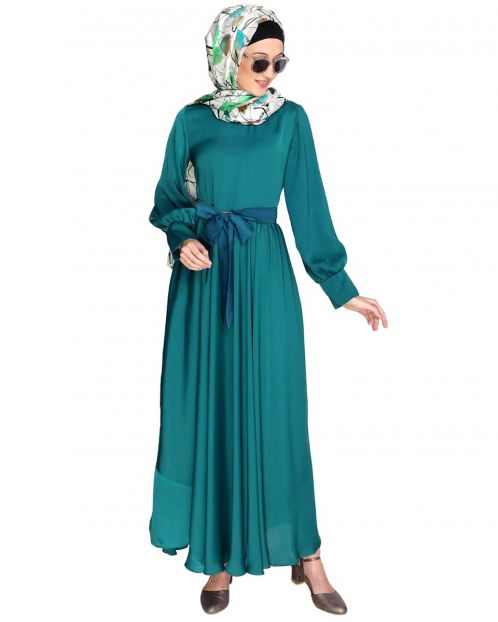 Flared Belted Teal Green Maxi Dress