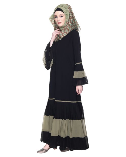 Bell Style Pleated Dead Mint & Black Georgette Abaya